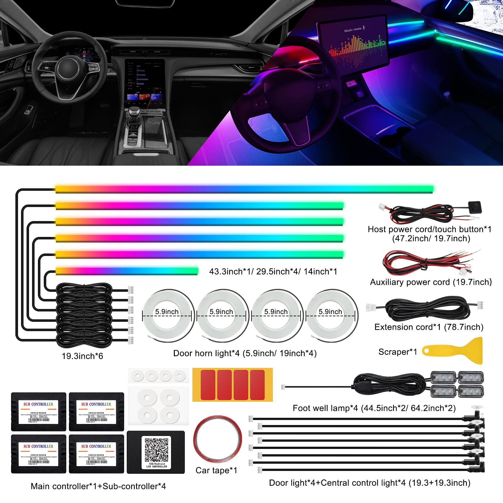 Brand: Dreamcolor Acrylic Interior Car LED Strip Light with Wireless APP, RGB 22 in 1 with 175 inches 593 LEDs Fiber Optic Ambient Lighting Kits, 16 Million Colors Sound Active Function Car Neon Lights