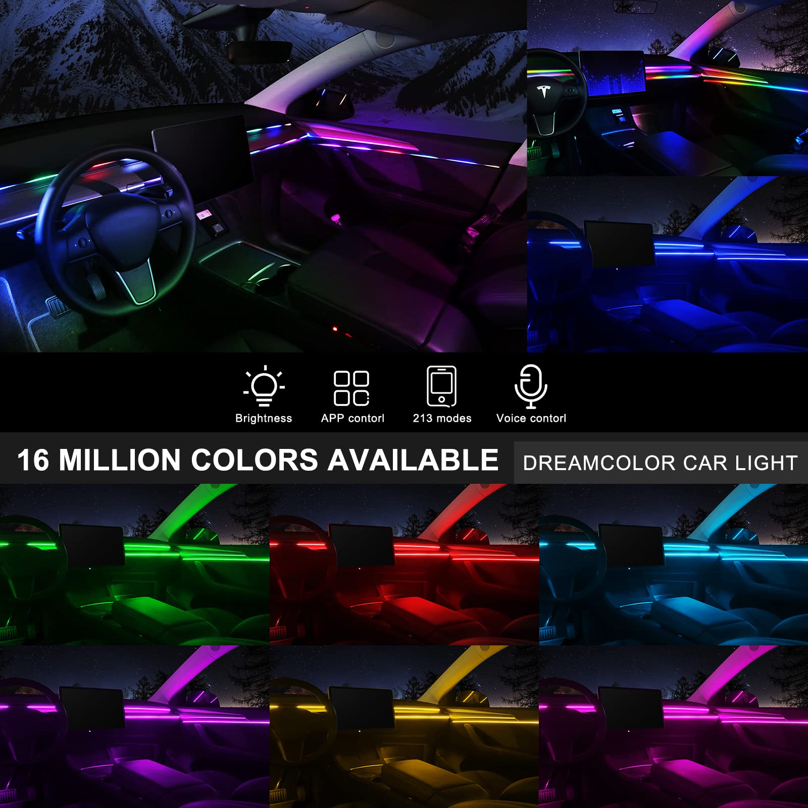 Brand: Dreamcolor Acrylic Interior Car LED Strip Light with Wireless APP, RGB 22 in 1 with 175 inches 593 LEDs Fiber Optic Ambient Lighting Kits, 16 Million Colors Sound Active Function Car Neon Lights