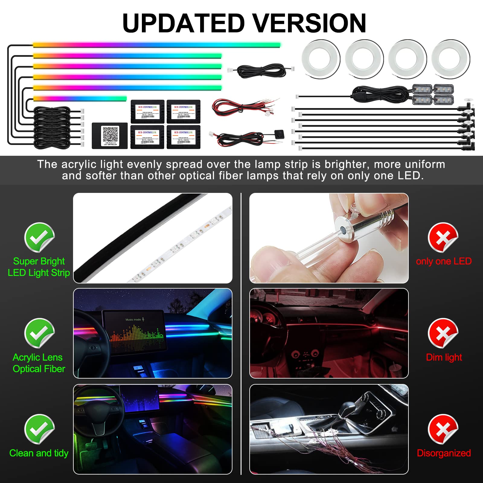 Brand: Dreamcolor Acrylic Interior Car LED Strip Light with Wireless APP, RGB 22 in 1 with 175 inches 593 LEDs Fiber Optic Ambient Lighting Kits, 16 Million Colors Sound Active Function Car Neon Lights