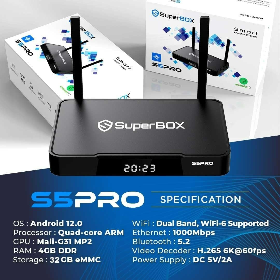 Super S5 PRO Bundle Box - 2024 Model with Voice Remote, Full Keyboard Remote, HDMI, TF Card, Memory Stick, LED Light Strip, Installation Instructions, and Phone Support - Black